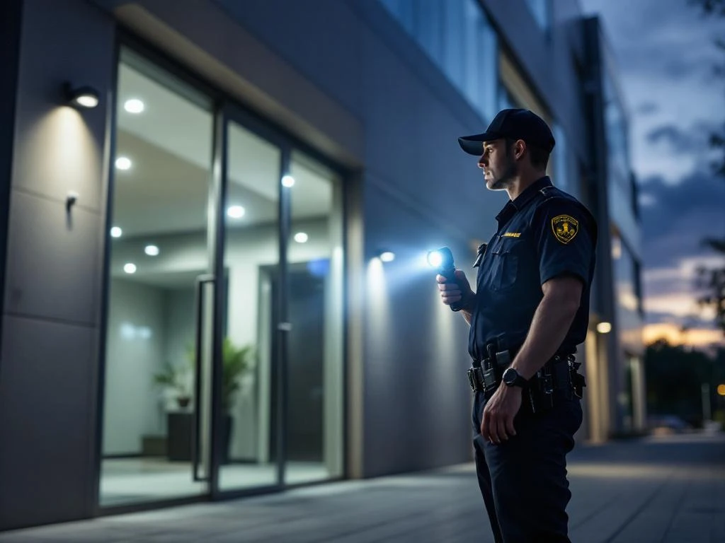 Professionele beveiligingsbeambte met zaklamp patrouilleert 's nachts bij modern kantoorgebouw met beveiligingscamera's