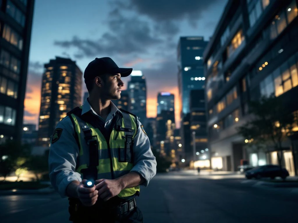 Beveiliger met zaklamp controleert 's avonds moderne kantoorgebouwen tijdens veiligheidsronde