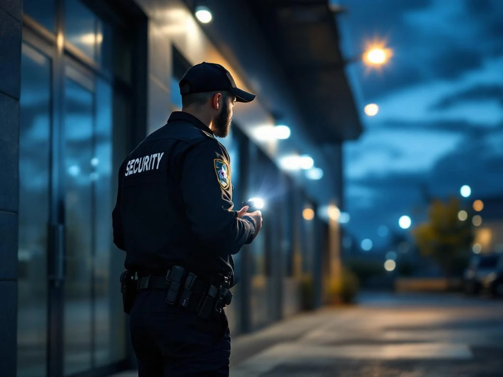 Professionele beveiliger in uniform voert nachtelijke patrouille uit bij modern kantoorgebouw met zaklamp