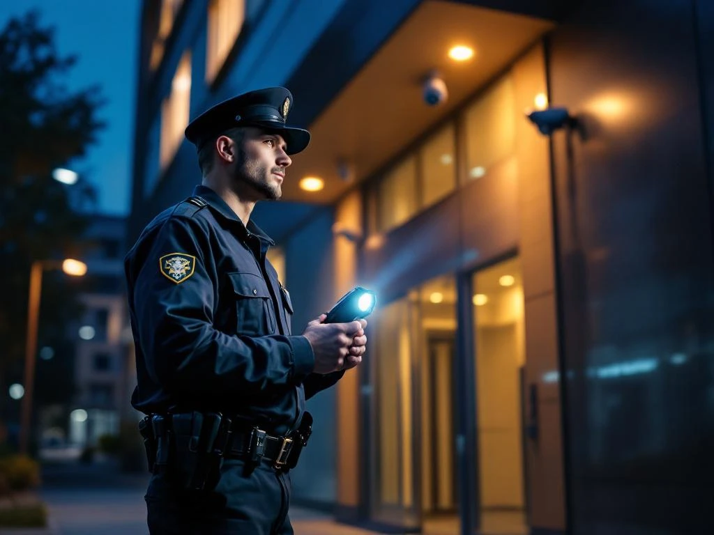 Beveiligingsbeambte met zaklamp tijdens nachtelijke ronde bij modern kantoorgebouw met veiligheidscamera's