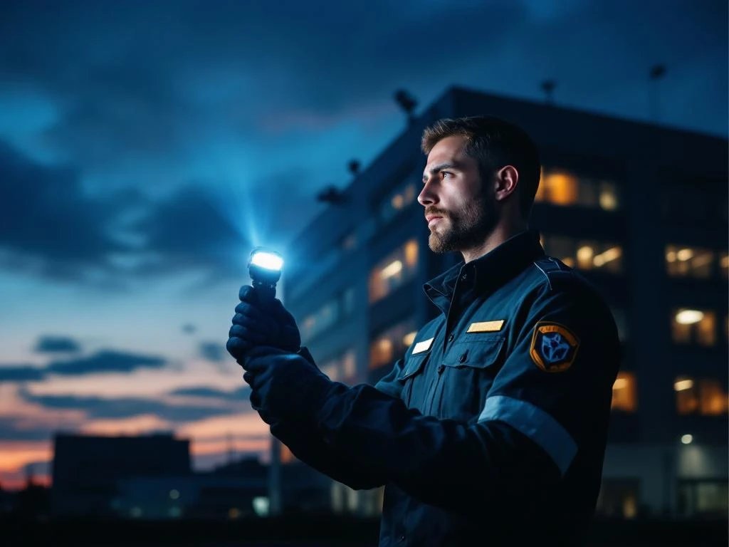 Beveiligingsbeambte met zaklamp tijdens nachtelijke patrouille bij modern kantoorgebouw met bewakingscamera's