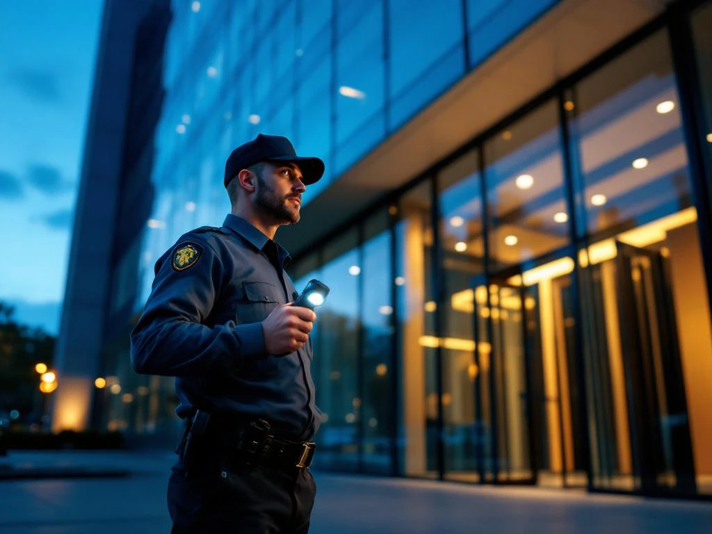 Professionele beveiligingsbeambte met zaklamp tijdens avondpatrouille bij modern kantoorgebouw met glazen gevel