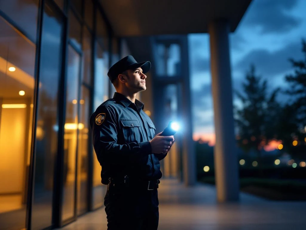 Professionele beveiligingsbeambte met zaklamp inspecteert moderne kantoorgebouw ingang tijdens avondpatrouille
