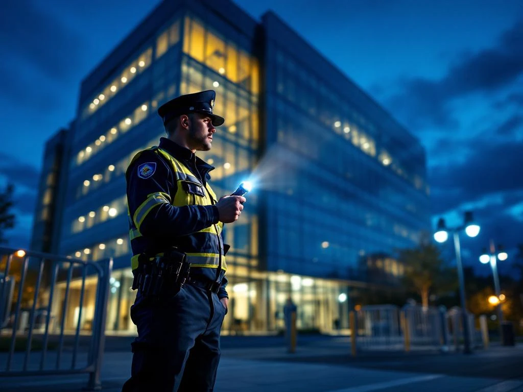 Beveiligingsbeambte met zaklamp tijdens avondpatrouille bij modern kantoorgebouw met glazen gevel