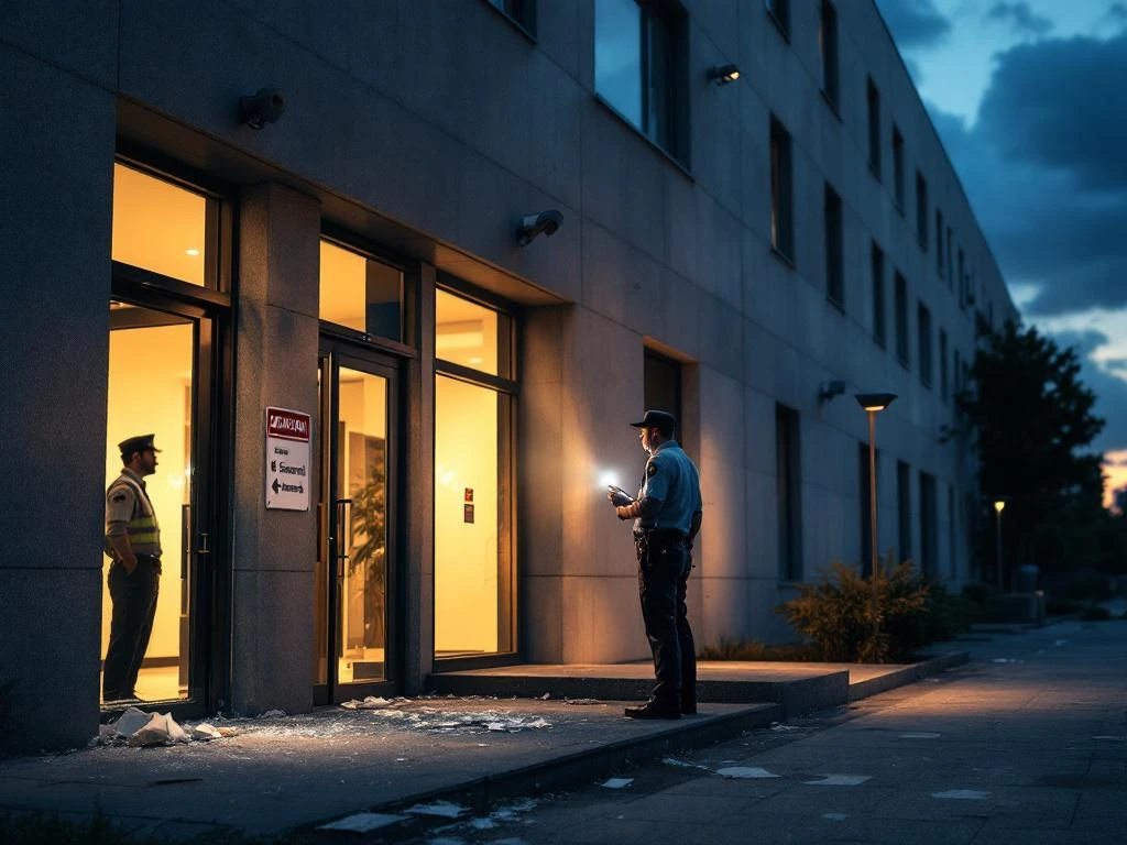 Beveiligingsbeambte met zaklamp controleert kantoorgebouw 's nachts na inbraak, bewakingscamera's zichtbaar