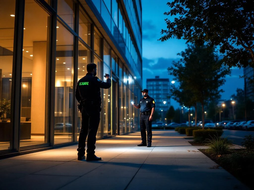 Beveiligingsbeambte met zaklamp inspecteert 's avonds moderne kantoorgebouw tijdens nachtronde