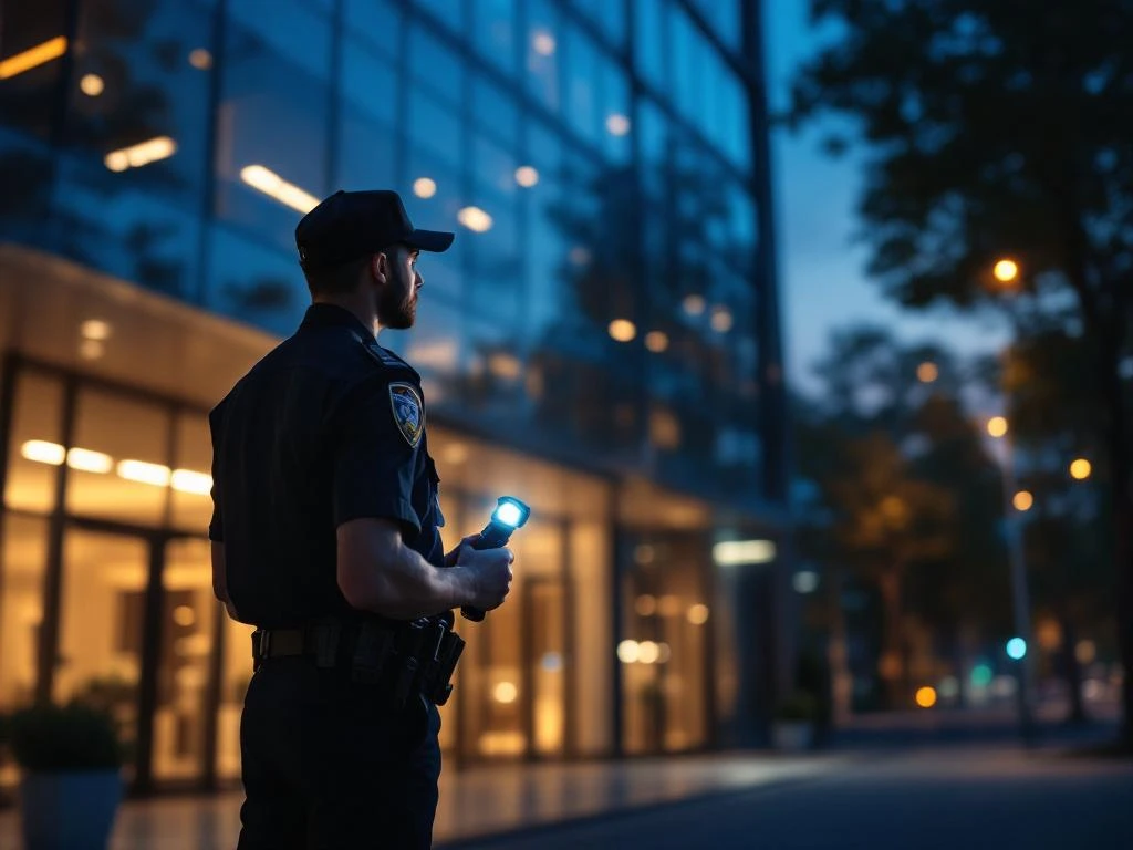 Professionele beveiligingsbeambte met zaklamp tijdens nachtelijke patrouille bij modern kantoorgebouw met glazen gevel
