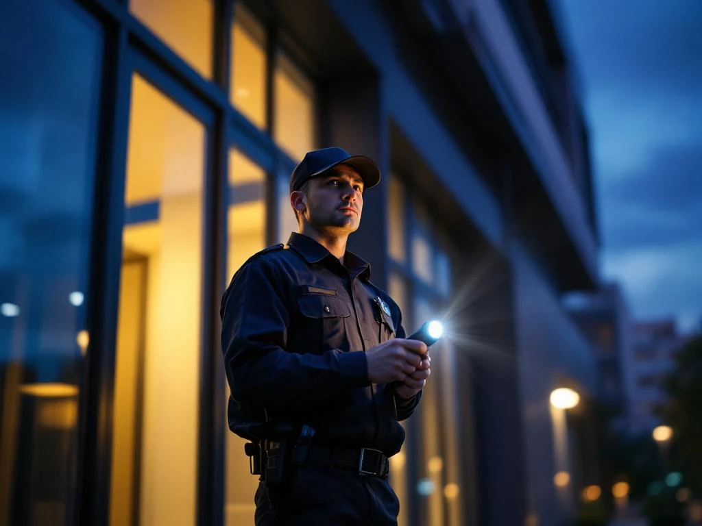 Professionele beveiliger met zaklamp inspecteert kantoorgebouw tijdens avondpatrouille bij schemering