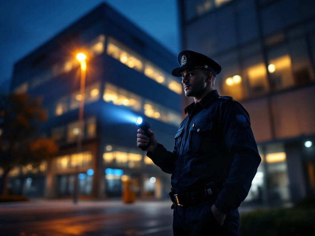 Beveiliger in uniform voert nachtelijke patrouille uit bij modern kantoorgebouw met zaklamp en buitenverlichting