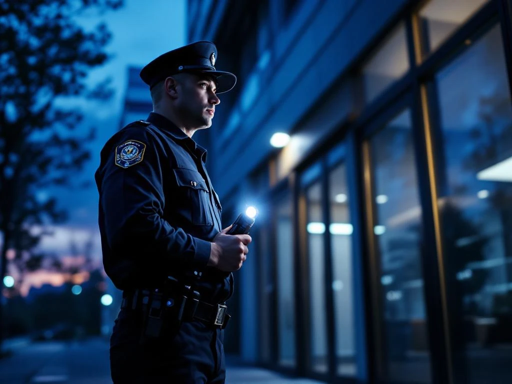 Beveiligingsmedewerker met zaklamp tijdens nachtelijke patrouille bij modern kantoorgebouw met dramatische verlichting