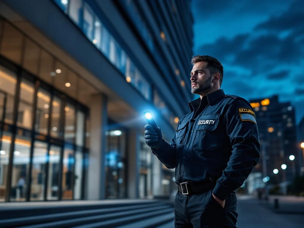 Professionele beveiliger met zaklamp tijdens nachtelijke patrouille bij modern kantoorgebouw