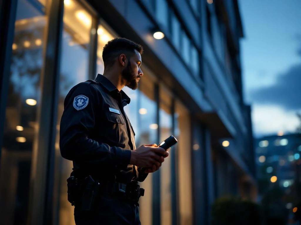 Beveiliger met zaklamp patrouilleert 's avonds bij modern kantoorgebouw en inspecteert de ingang voor beveiliging