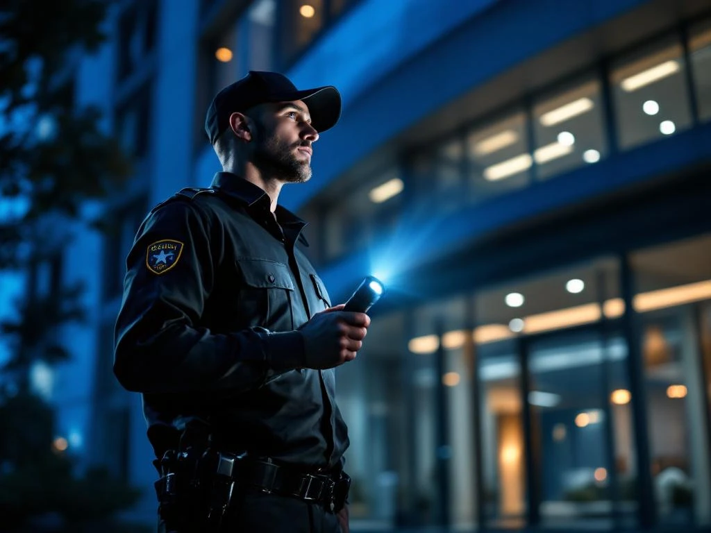 Beveiliger in uniform voert nachtelijke patrouille uit bij modern kantoorgebouw met zaklamp tijdens schemering