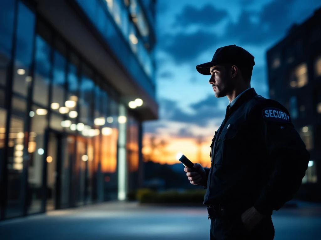 Beveiligingsbeambte met zaklamp tijdens nachtelijke patrouille bij modern kantoorgebouw met glazen gevel