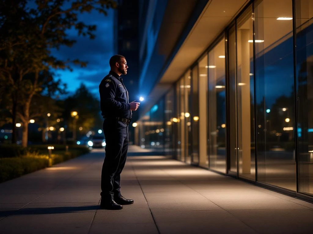 Beveiligingsmedewerker met zaklamp tijdens nachtelijke patrouille bij modern kantoorgebouw met glazen gevel