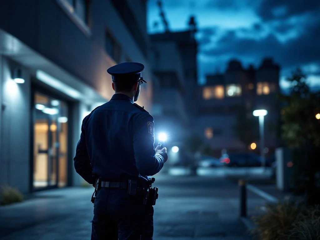 Beveiligingsbeambte met zaklamp tijdens nachtelijke patrouille bij modern kantoorgebouw, professionele bewaking
