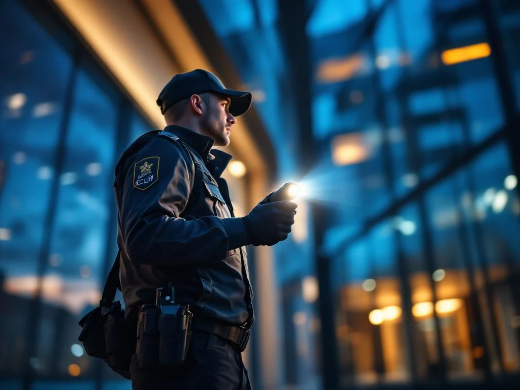 Beveiligingsbeambte met zaklamp inspecteert kantoorgebouw tijdens nachtelijke patrouille met moderne beveiligingsapparatuur