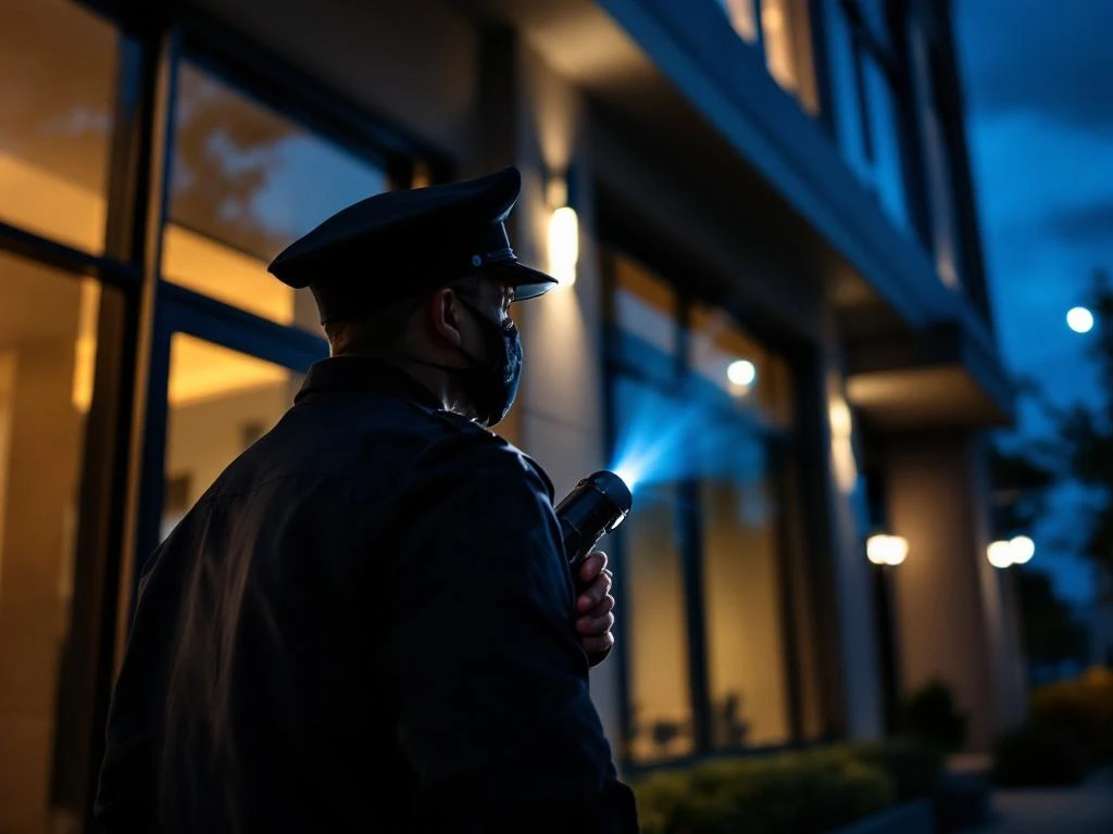 Beveiligingsmedewerker met zaklamp tijdens nachtelijke patrouille bij modern kantoorgebouw