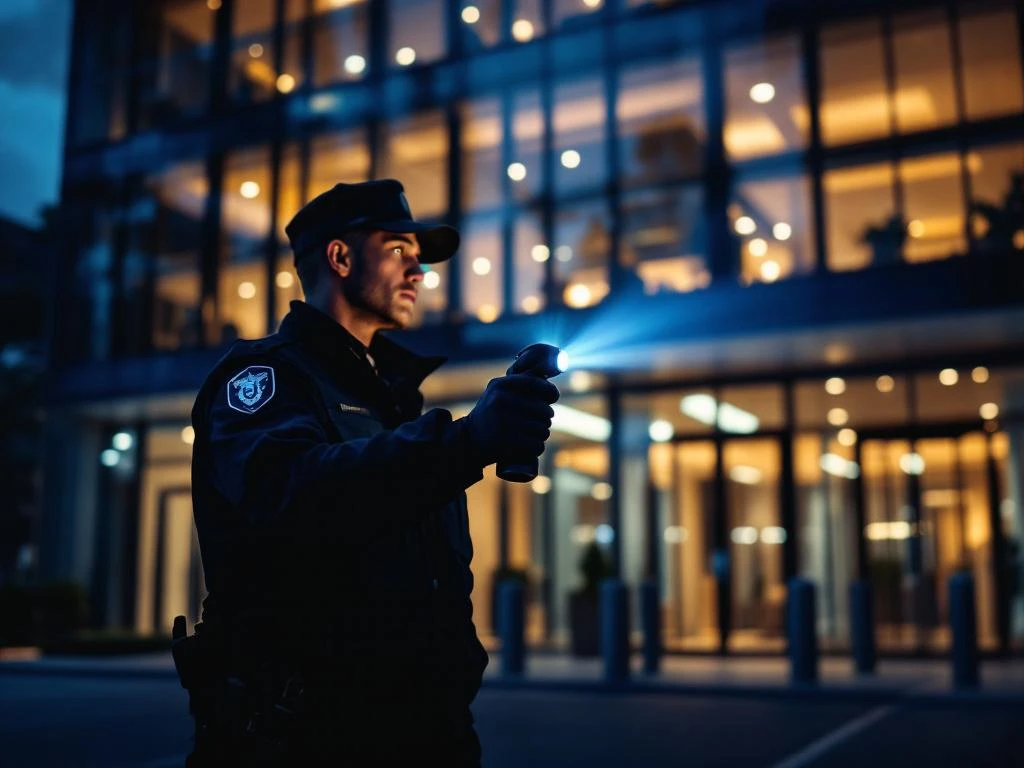 Beveiliger in uniform voert nachtelijke patrouille uit bij modern kantoorgebouw met zaklamp en veiligheidspoorten