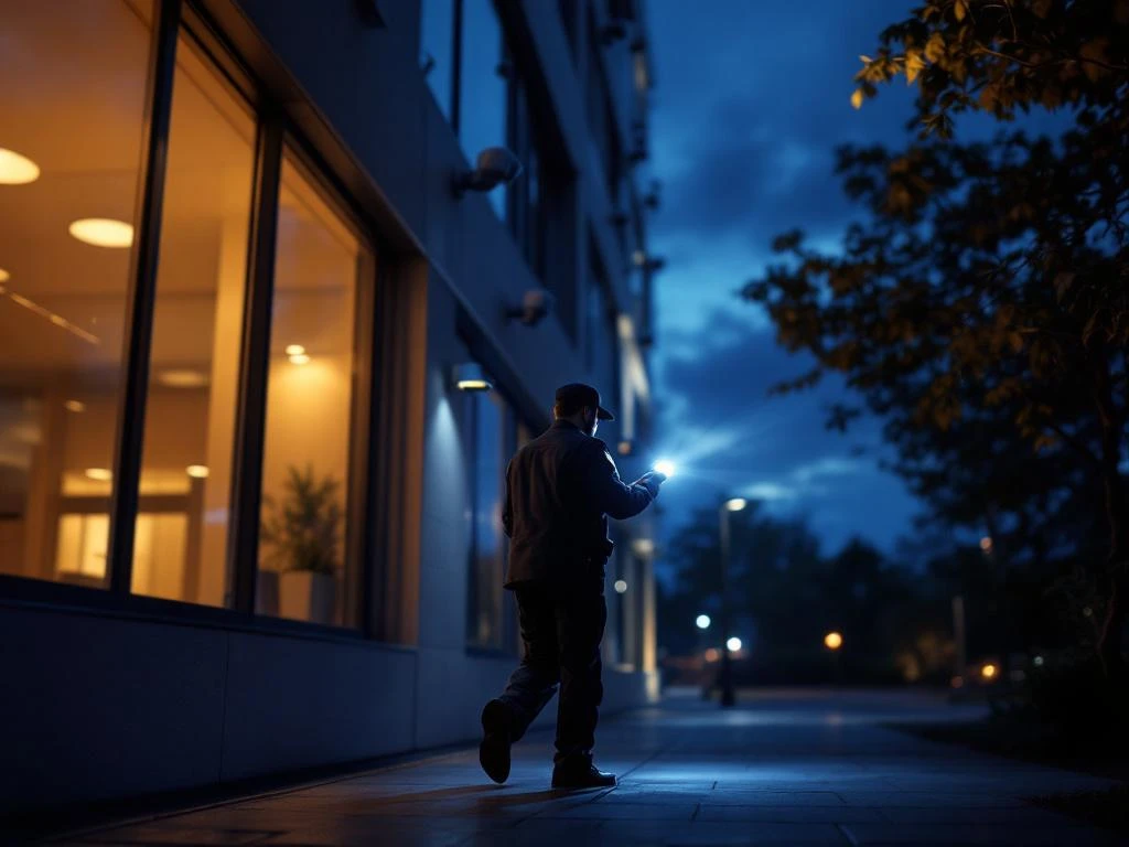 Beveiligingsbeambte in donker uniform met zaklamp tijdens nachtelijke patrouille bij modern kantoorgebouw