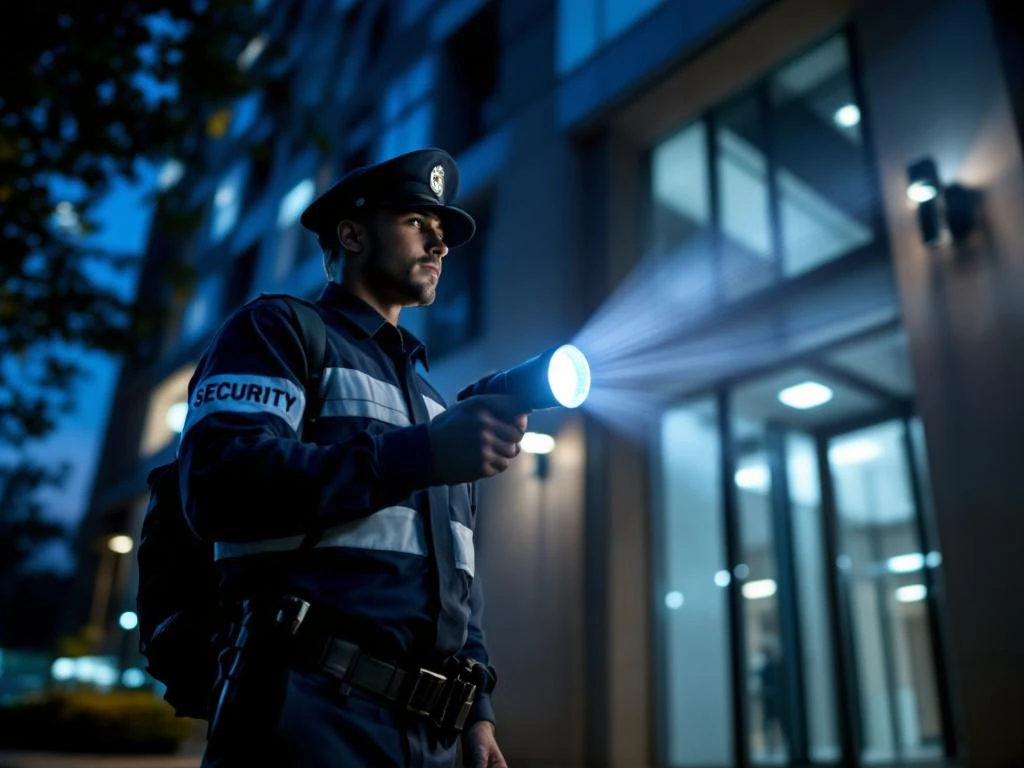 Beveiliger in uniform voert nachtelijke patrouille uit bij modern kantoorgebouw met zaklamp en beveiligingsverlichting