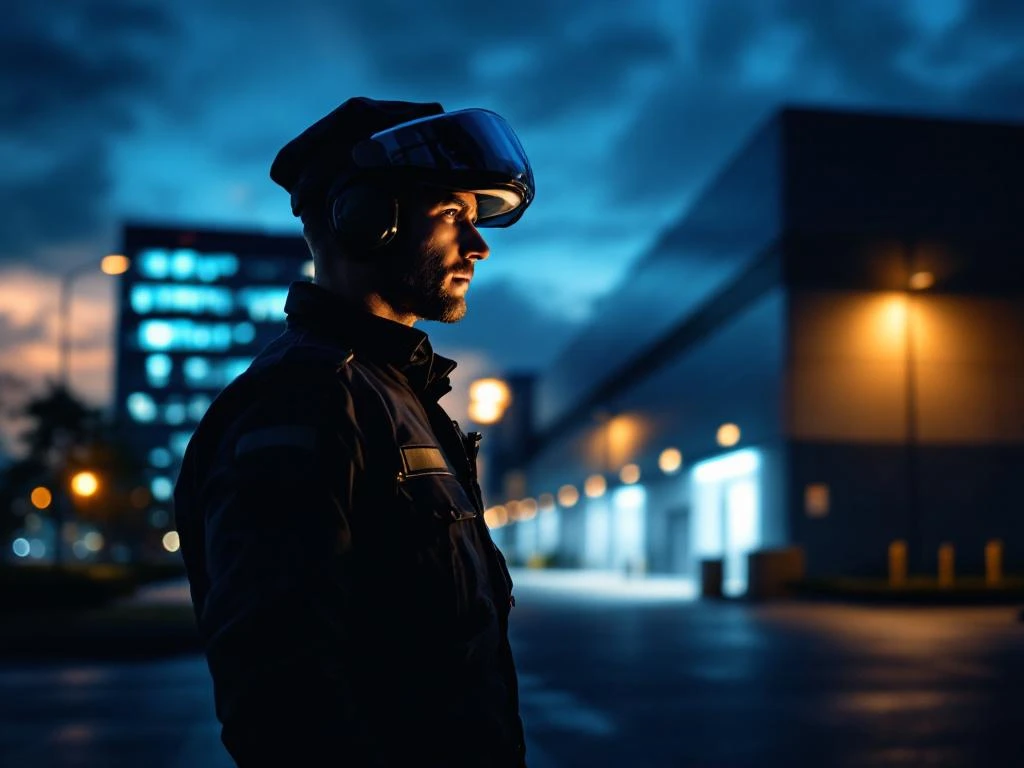 Beveiliger met zaklamp tijdens nachtpatrouille bij ingang van modern logistiek magazijn met kantoorgebouw op achtergrond