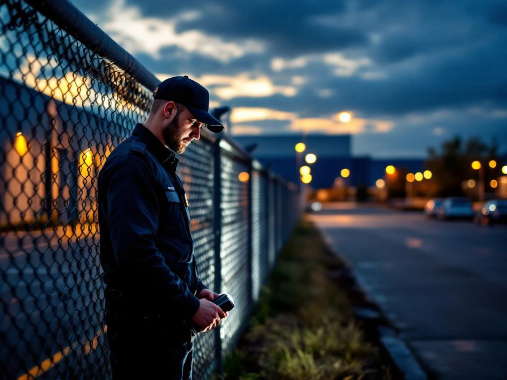Beveiligingsbeambte inspecteert hekwerk met zaklamp bij schemering nabij moderne bedrijfsfaciliteit
