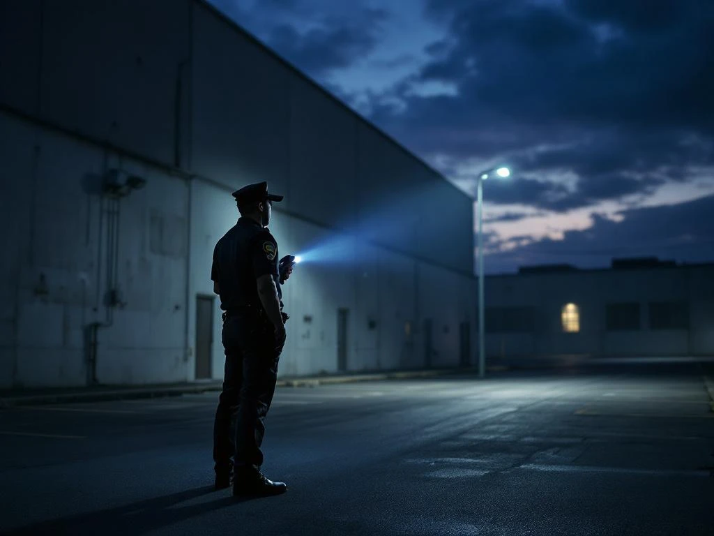 Beveiligingsbeambte met zaklamp inspecteert 's avonds leegstaand industrieel gebouw tijdens patrouille