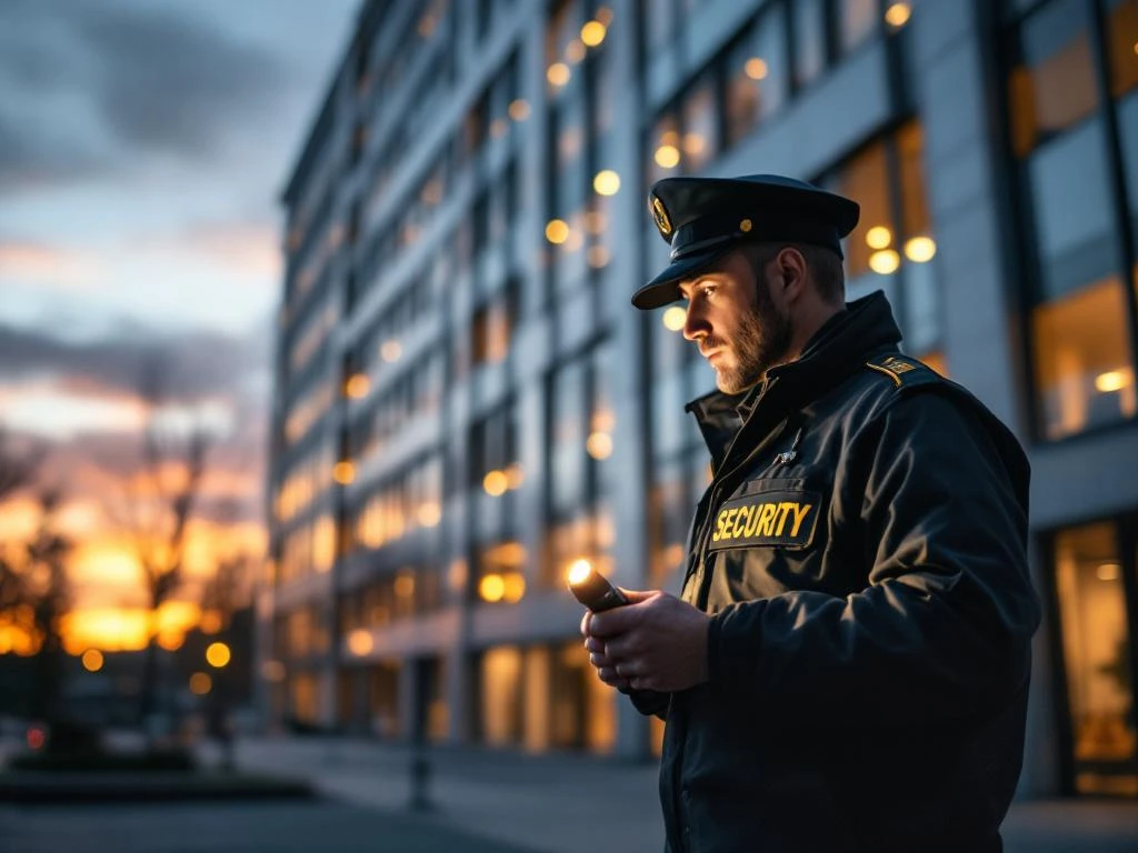 Beveiligingsbeambte met zaklamp tijdens avondpatrouille bij modern kantoorgebouw tijdens schemering