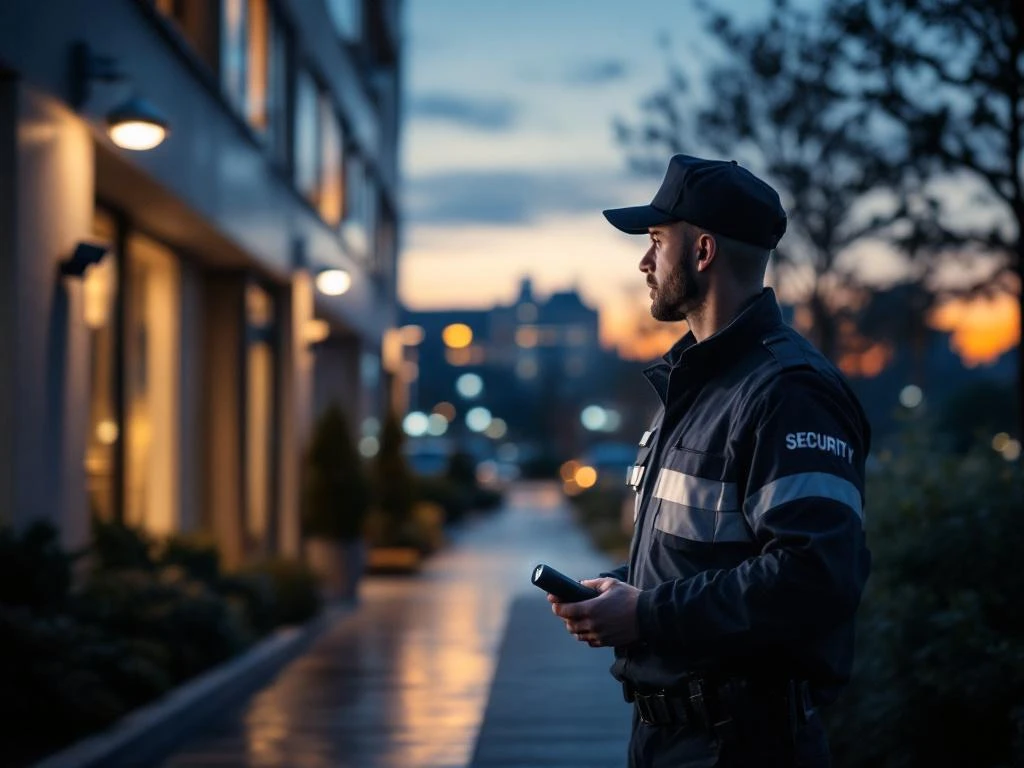 Beveiligingsbeambte met zaklamp inspecteert moderne kantoorgebouw tijdens avondpatrouille met beveiligingscamera's zichtbaar