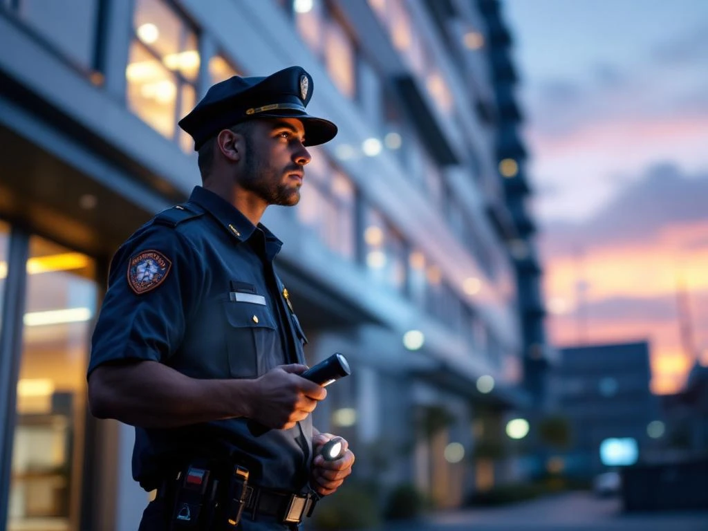 Beveiligingsbeambte in uniform patruilleert met zaklamp bij moderne kantoorgebouw ingang tijdens schemering