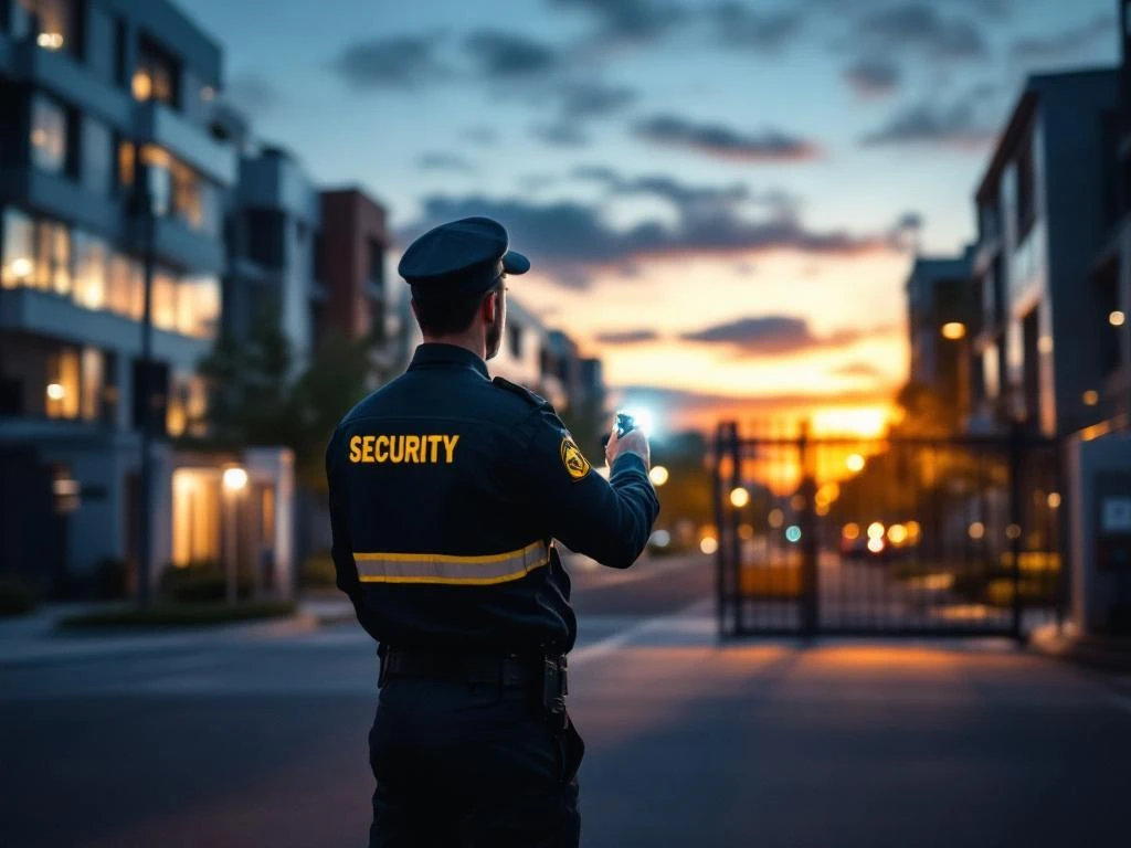Beveiligingsbeambte in uniform voert avondpatrouille uit bij moderne bedrijfscomplex ingang met zaklamp