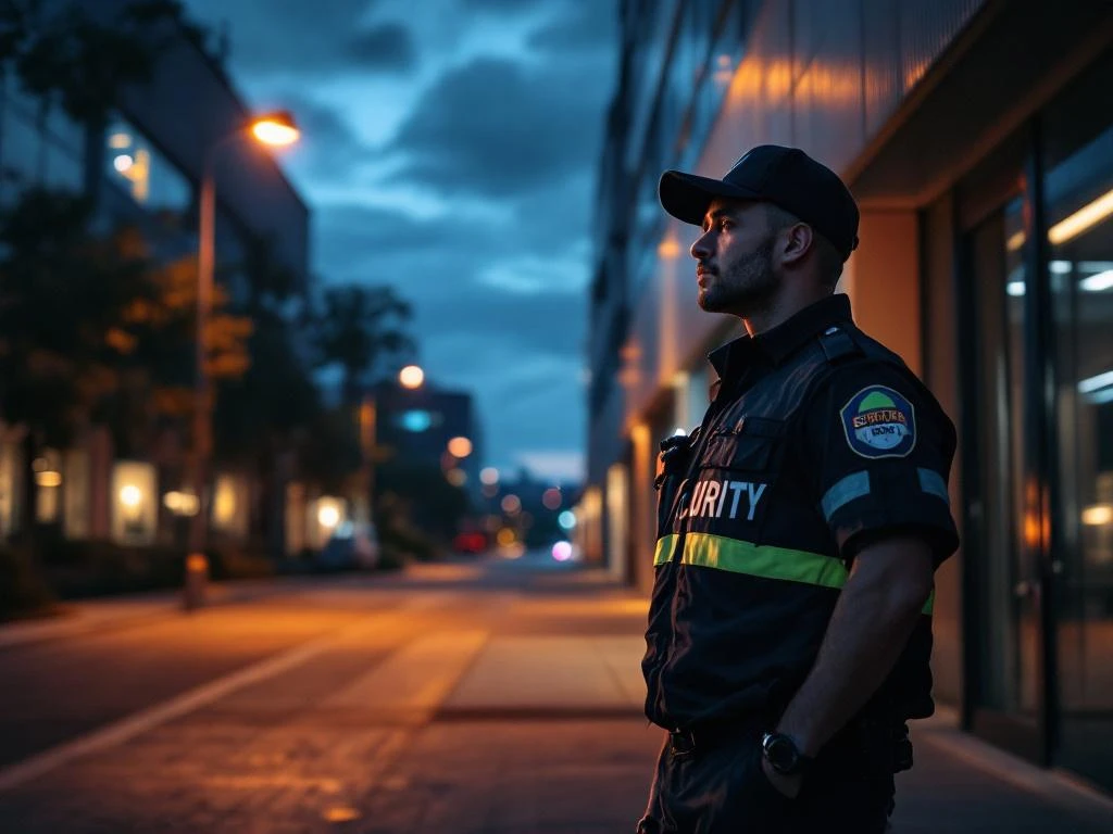 Beveiligingsmedewerker met zaklamp bij ingang modern kantoorgebouw tijdens avondpatrouille