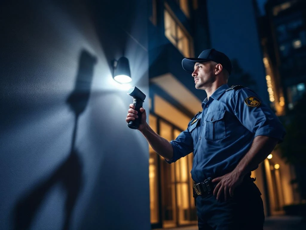 Professionele beveiliger met zaklamp tijdens nachtelijke patrouille bij modern kantoorgebouw met strategische verlichting