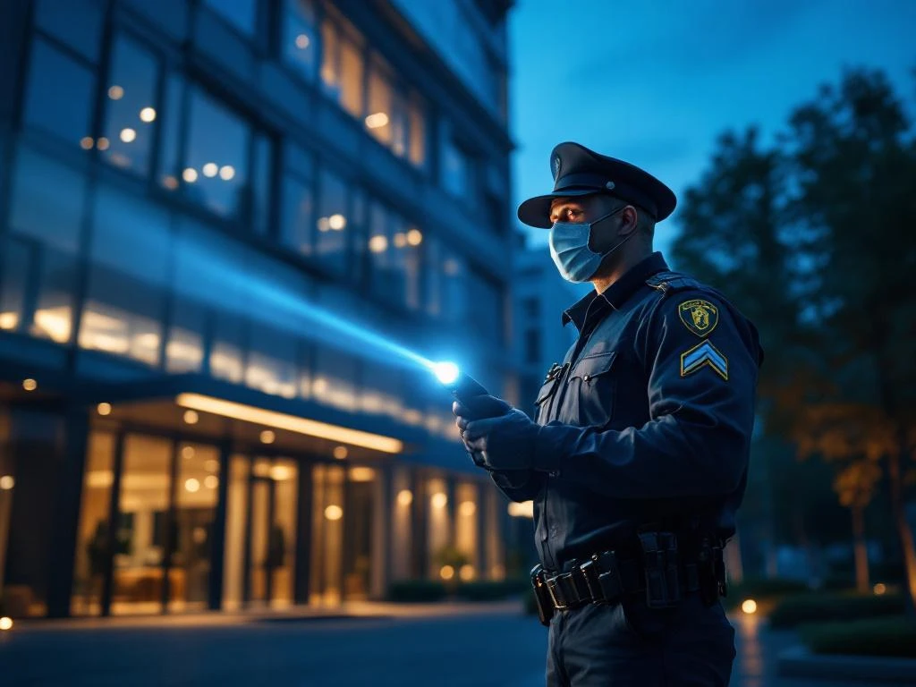 Beveiligingsbeambte met zaklamp tijdens avondpatrouille bij modern kantoorgebouw voor professionele bewaking