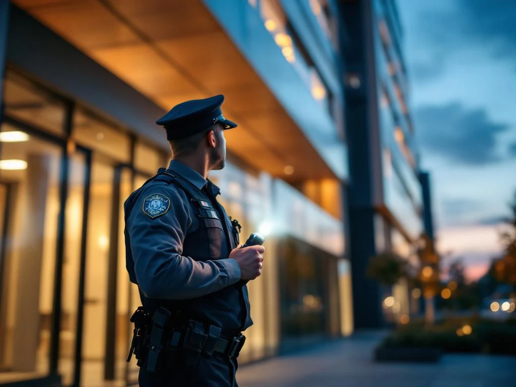 Professionele beveiligingsbeambte met zaklamp tijdens avondpatrouille bij modern kantoorgebouw bij schemering