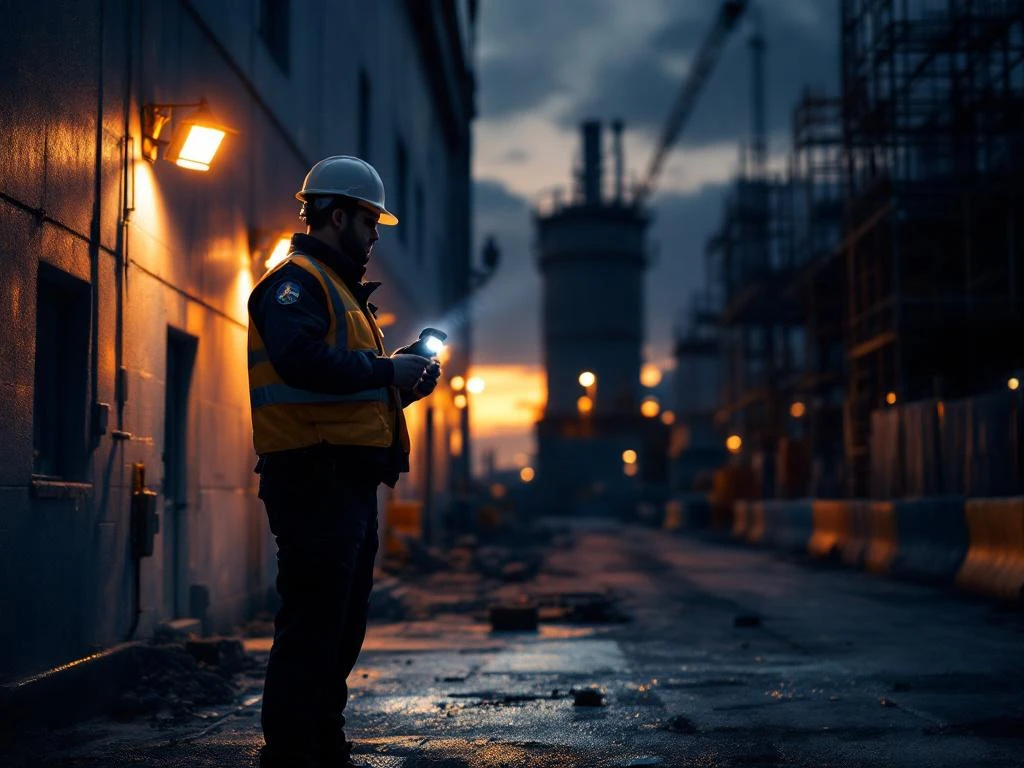 Beveiligingsbeambte met zaklamp patrouilleert 's nachts op bouwplaats bij industrieel gebouw met bouwmateriaal