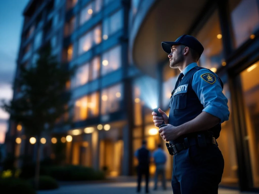 Professionele beveiligingsbeambte met zaklamp tijdens avondpatrouille bij modern kantoorgebouw bij schemering