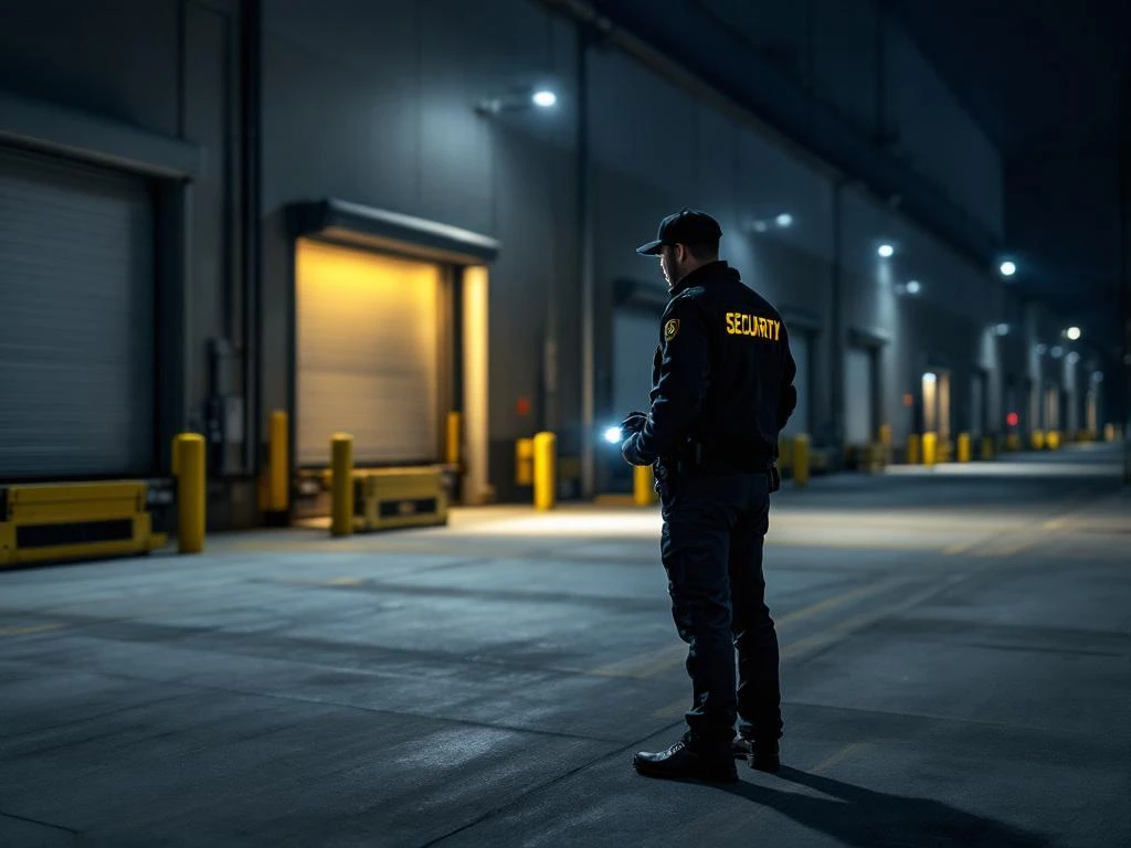 Beveiliger met zaklamp patrouilleert 's nachts bij industriële laaddokken met vrachtwagencellen op achtergrond