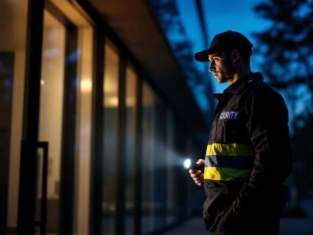 Beveiliger met zaklamp tijdens avondpatrouille bij modern kantoorgebouw, professionele bewaking en objectbeveiliging