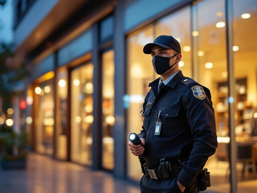 Beveiliger in uniform met zaklamp tijdens avondpatrouille bij modern winkelcentrum met verlichte etalages