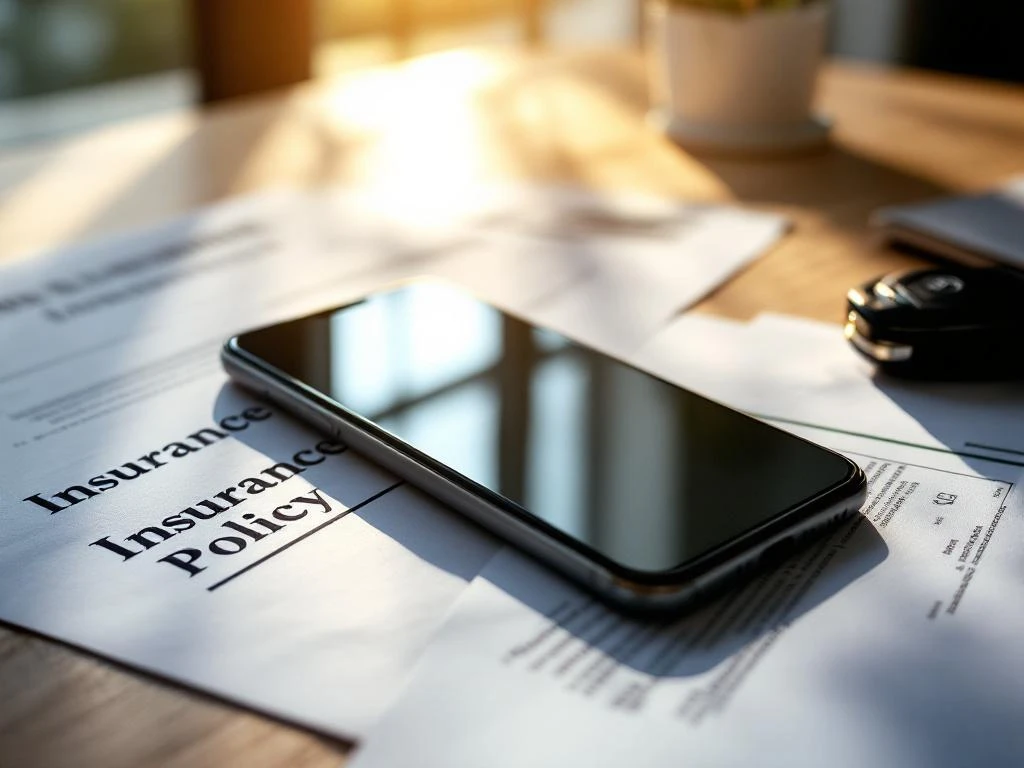 Smartphone met auto-tracking app op verzekeringspapieren naast autosleutel op houten bureau in natuurlijk licht