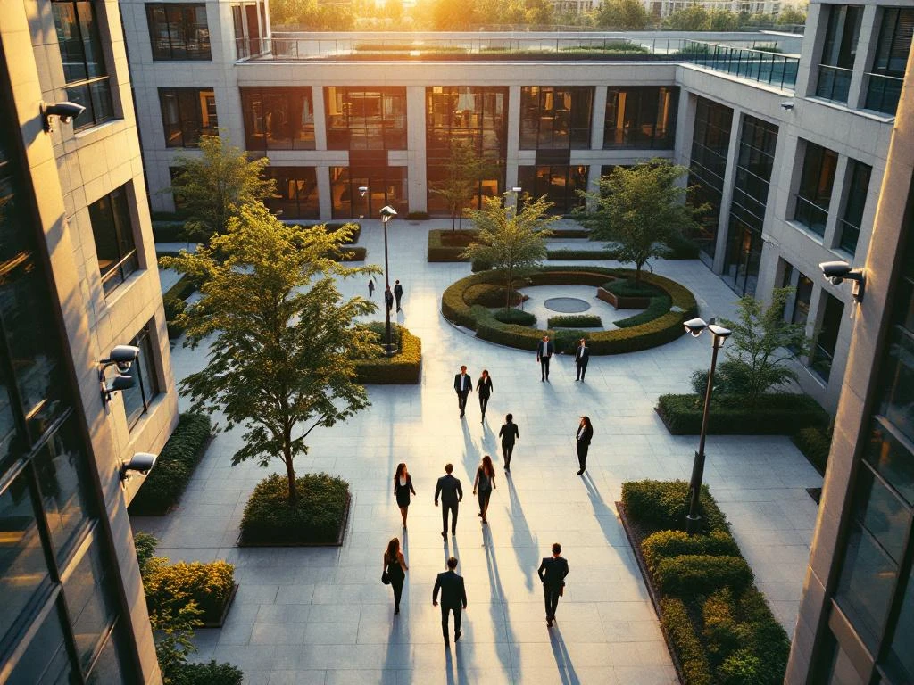 Moderne bedrijfscomplex met kantoorgebouwen rond centrale plaza, professionals lopen over paden in namiddagzon