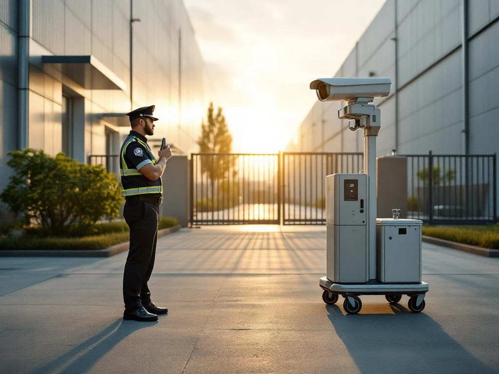 Professionele beveiliger in uniform bij mobiele bewakingsunit aan ingang industrieel complex tijdens gouden uur
