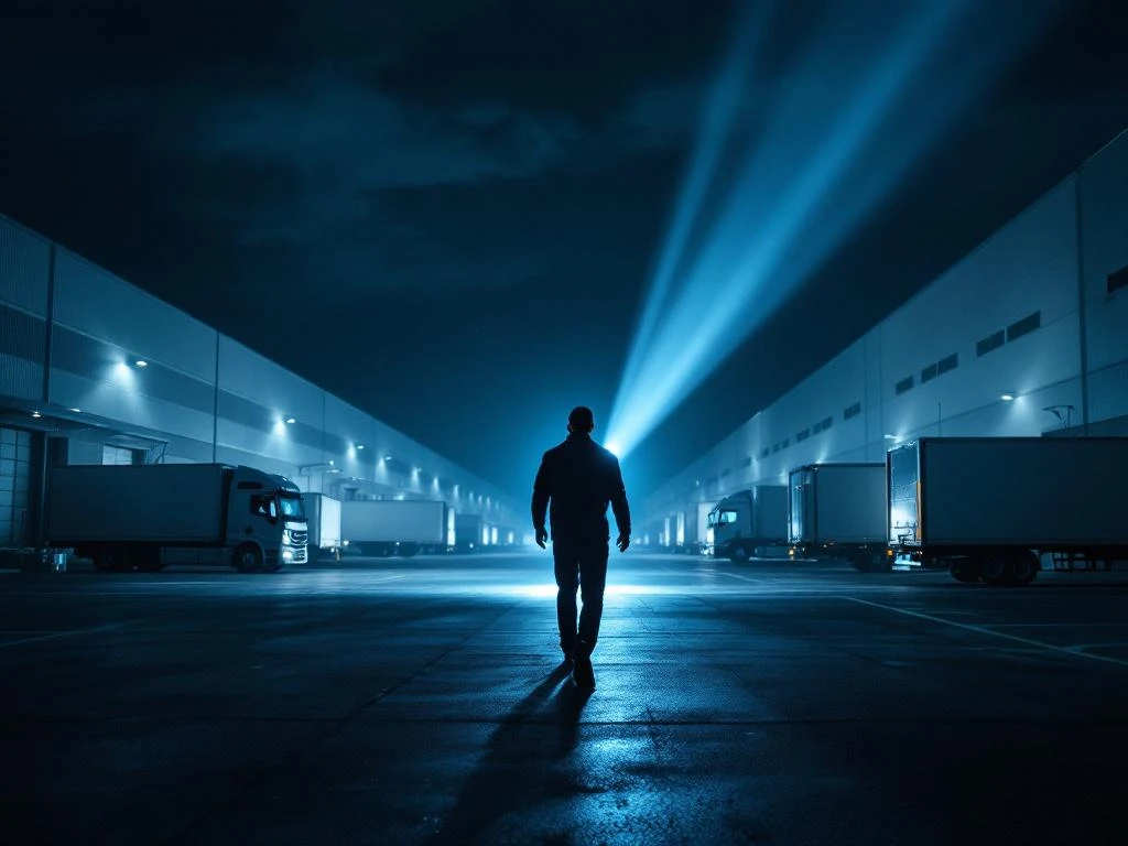 Beveiliger patrouilleert 's nachts door industrieterrein met zaklamp, verlicht vrachtwagens en magazijnen