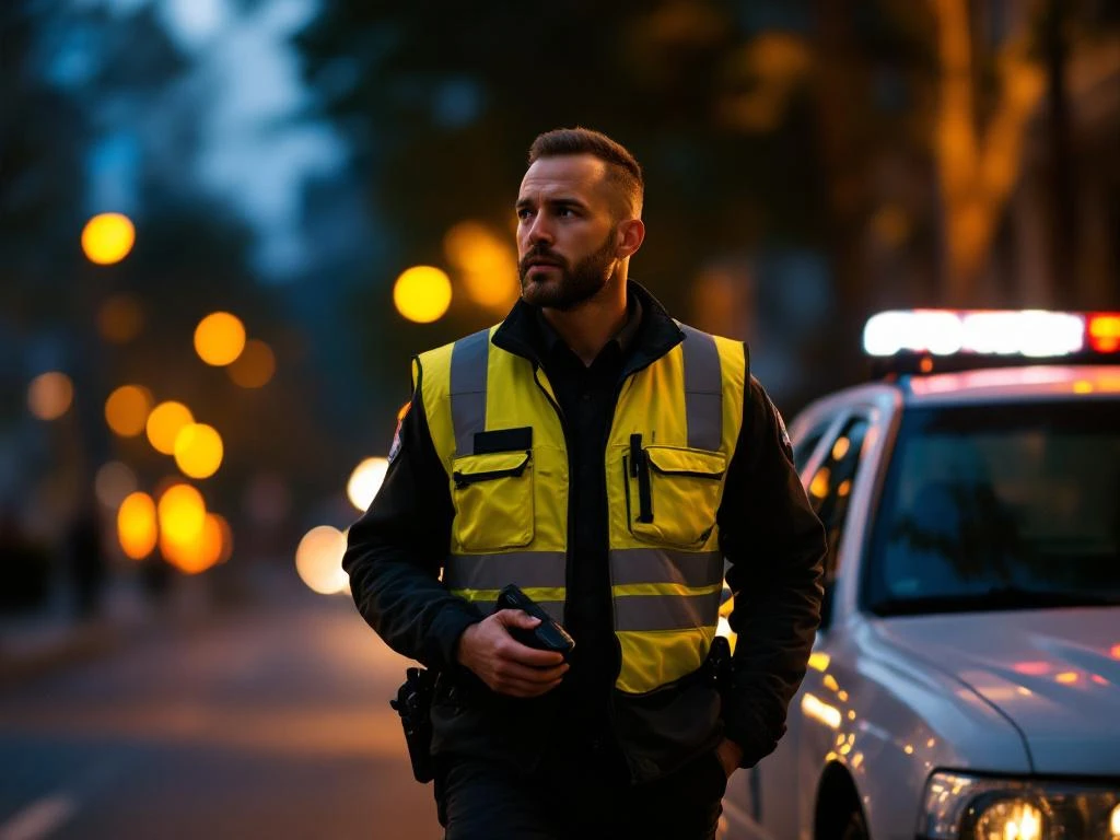 Professionele beveiliger met reflecterend vest en radio loopt 's avonds naast witte patrouillevoertuig op stedelijke straat