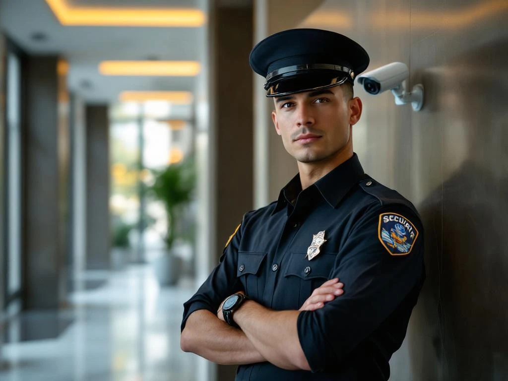 Professionele beveiligingsbeambte in uniform staat alert in moderne kantoorlobby met beveiligingscamera op achtergrond