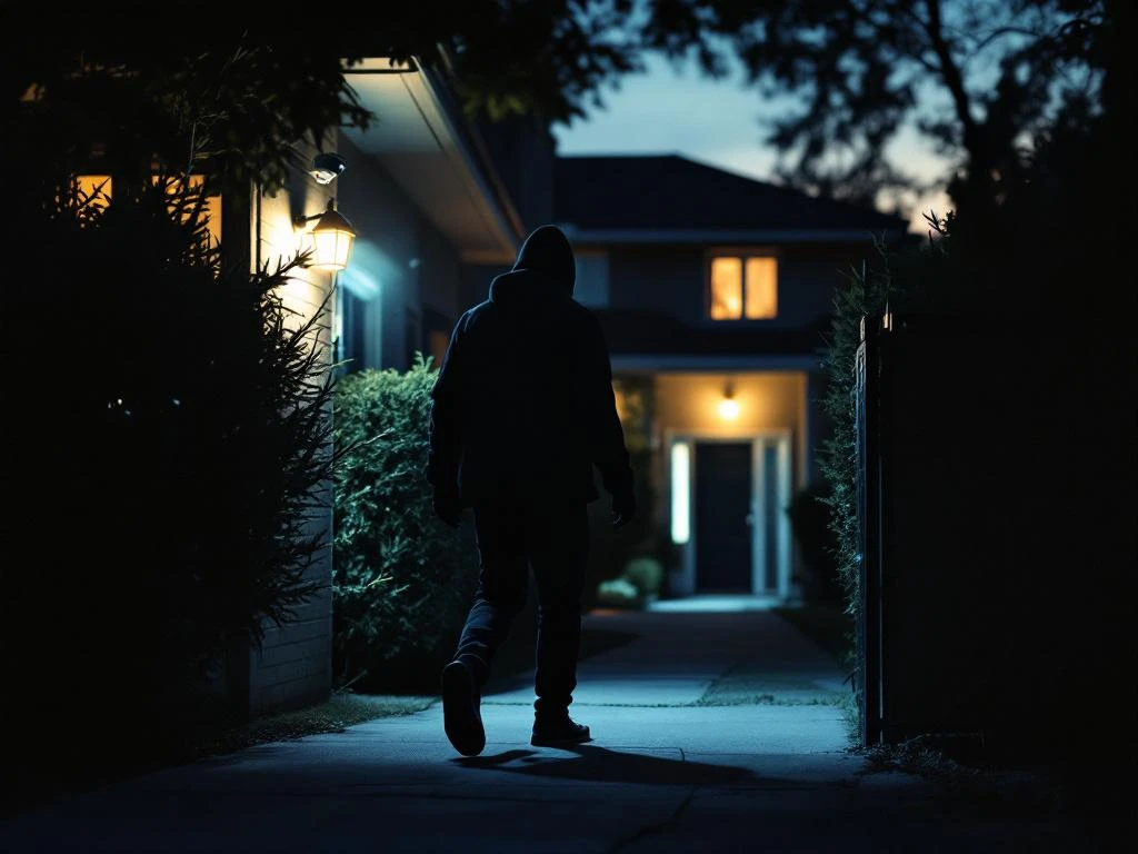 Inbreker vlucht van verlicht huis met beveiligingscamera, bewegingssensoren en doornige hagen als afschrikking