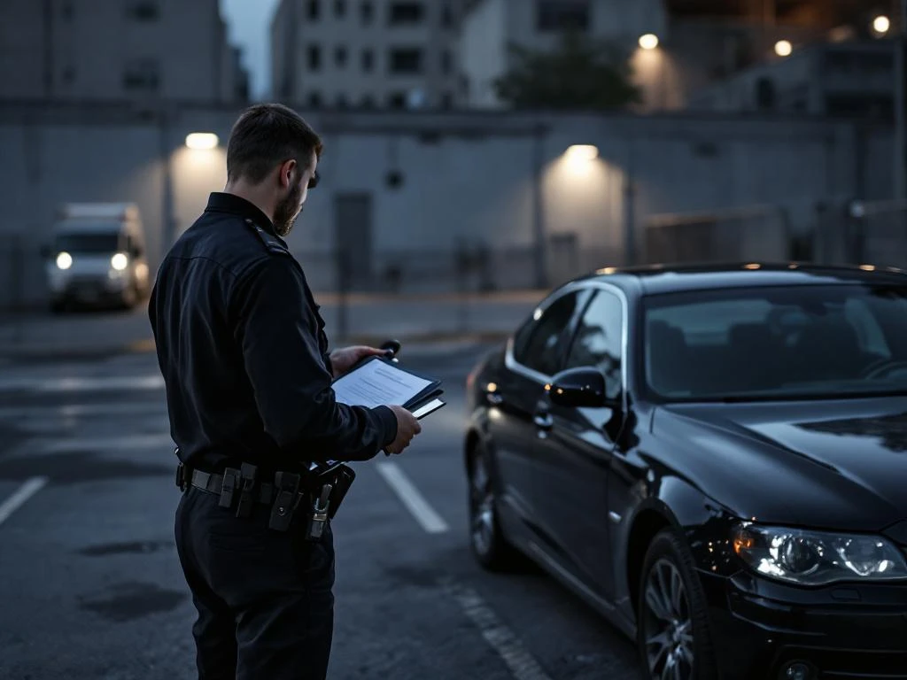 Beveiligingsbeambte inspecteert verdachte auto met zaklamp op industrieterrein bij avondlicht