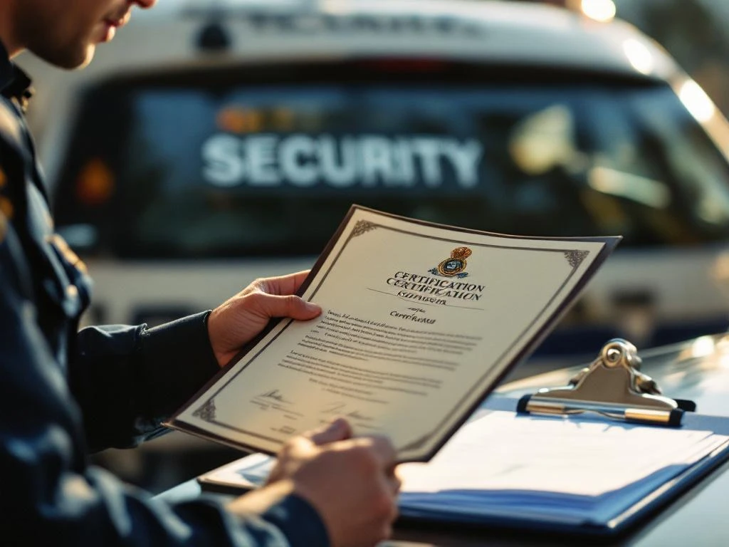 Professionele beveiliger in uniform bekijkt officieel certificaat met zegel, beveiligingsvoertuig op achtergrond